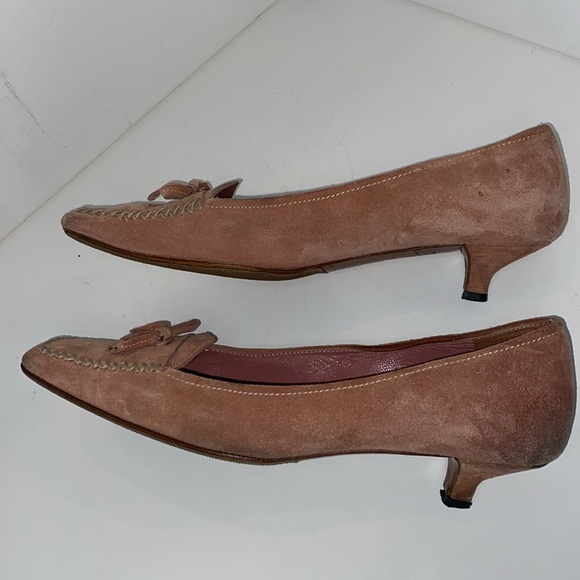 PRADA pale rose SUEDE kitten heel loafers squared toe W bow, 1.5” pumps 37 VGUC - Picture 15 of 16